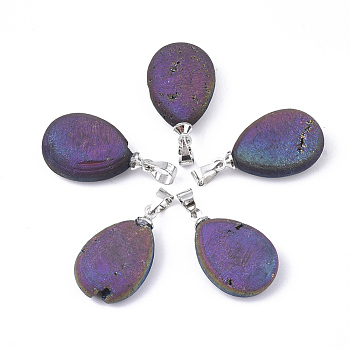 Electroplate Natural Druzy Geode Agate Pendants, with Brass Findings, teardrop, Platinum, Colorful, 21~22x13.5x6.5~7mm, Hole: 4.5x4mm