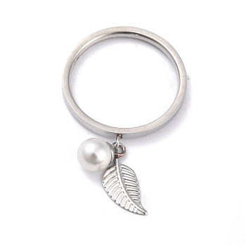 Dual-use Items, 304 Stainless Steel Finger Rings or Pendants, with Plastic Round Beads, Leaf, White, Stainless Steel Color, US Size 5~9(15.7~18.9mm)