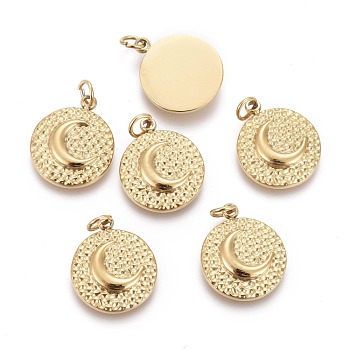 Ion Plating(IP) 316 Surgical Stainless Steel Charms, with Jump Ring, Flat Round with Moon, Golden, 14.5x12x2.5mm, Hole: 2.8mm