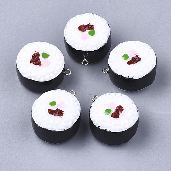 Resin Pendants, with Platinum Tone Iron Findings, Imitation Food, Rice Roll, White, 29~30x25~26x16mm, Hole: 2mm