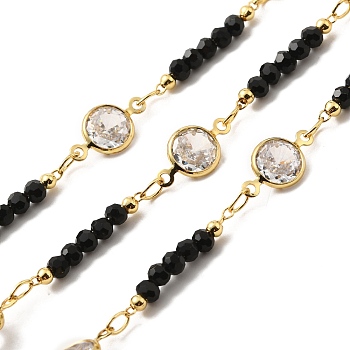Rack Plating Real 18K Gold Plated Flat Round Brass Cubic Zirconia Link Chains, Handmade Glass Beaded Chains, Soldered, with Spool, Lead Free & Cadmium Free, Black, Flat Round: 12x6.5x3mm, Bead Link: 18x3mm
