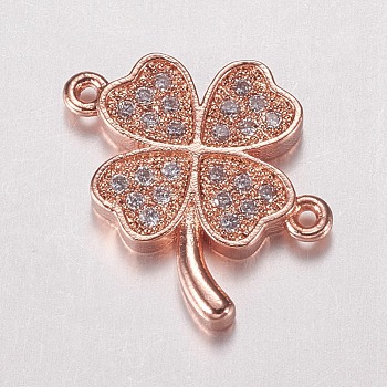 Brass Micro Pave Cubic Zirconia Links, Clover, Rose Gold, 15x16x2mm, Hole: 1mm