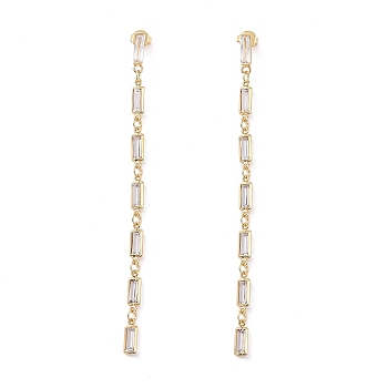 Cubic Zirconia Rectangle Dangle Stud Earrings, Real 18K Gold Plated Brass Long Tassel Earrings for Women, Cadmium Free & Nickel Free & Lead Free, Clear, 89.5x4x2mm, Pin: 0.8mm
