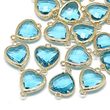 Glass Links Connectors, with Golden Tone Brass Findings, Faceted, Heart, Cyan, 15x10x3mm, Hole: 1mm