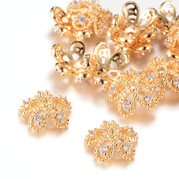 5-Petal Brass Bead Caps, with Rhinestone, Flower, Crystal, Light Gold, 11x4mm, Hole: 1mm