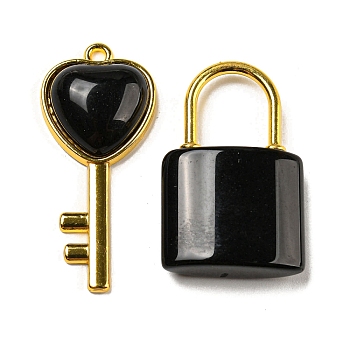 Natural Obsidian Pendants, Heart Key & Lock Charms with Golden Plated Alloy Findings, 32.5~38x20~17x6~7mm, Hole: 1.8~2mm, 2pcs/set