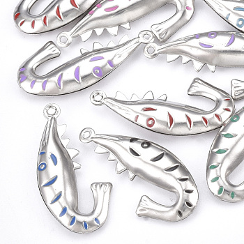 304 Stainless Steel Pendants, with Enamel, Fish, Mixed Color, Stainless Steel Color, 20x9x3mm, Hole: 1mm