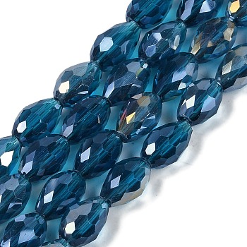 Transparent Electroplate Glass Beads Strands, AB Color Plated, Faceted, Teardrop, Marine Blue, 8x6mm, Hole: 1.2mm, about 65~67pcs/strand, 20.08''(51cm)