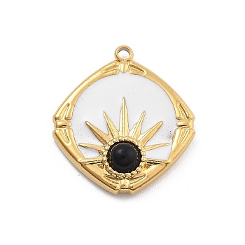 Natural Black Onyx(Dyed & Heated) Pendants, 304 Stainless Steel Enamel Rhombus Charms, PVD Vacuum Plating, Real 18K Gold Plated, 20.5x18.5x4.5mm, Hole: 1.5mm