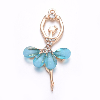 Resin Big Pendants, with Golden Plated Alloy Findings and Rhinestone, Ballet Girl, Sky Blue, 60x31x4mm, Hole: 2mm