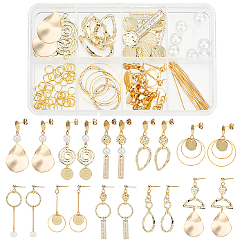 DIY Geometry Drop Earring Making Kits, Including Teardrop & Round & Rectangle & Half Round & Polygon Alloy Linking Connectors & Charms, Glass Pearl Beads, Brass Stud Earring Findings, Golden, 140Pcs/box