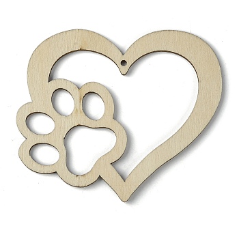 Wood Big Pendants, Heart with Paw Print Charms, Beige, 85x102x2.5mm, Hole: 2.8mm