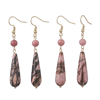 Teardrop Natural Rhodonite & Rhodochrosite Dangle Earrings, with 304 Stainless Steel Earring Findings, Golden, 65x10mm