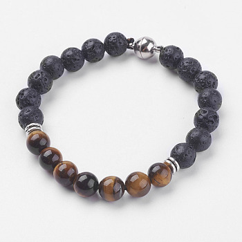 Natural Lava Rock Beads Stretch Bracelets, with Natural Tiger Eye, Magnetic Clasp and Alloy Findings, 7-5/8 inch(195mm)
