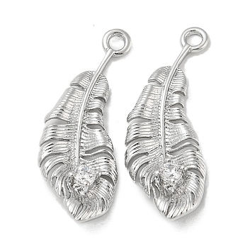 Brass Pendant with Glass, Feather Charms, Real Platinum Plated, 21.5x8x2.5mm, Hole: 1.4mm