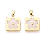 Brass with Enamel Pendants, Square & Flower Charms, Real 18K Gold Plated, White, 15.5x13x1.5mm, Hole: 4.5x2.5mm(KK-T073-56B-G)