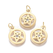 316 Surgical Stainless Steel Charms, with Micro Pave Cubic Zirconia and Jump Ring, Long-Lasting Plated, Pentacle, Clear, Real 18K Gold Plated, 15x12x1.5mm, Hole: 3.5mm(STAS-L242-04G)