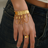 Brass Teardrop Charm Bracelet with Coin Chains, Adjustable Ring Bracelet, Real 18K Gold Plated, 7-1/8 inch(18cm)(YO6855)