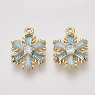 Brass Cubic Zirconia Charms, Snowflake, Pale Turquoise & Clear, Nickel Free, Real 18K Gold Plated, 13x11x3mm, Hole: 1mm(ZIRC-S064-019)