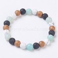 Natural Flower Amazonite Stretch Bracelets, with Natural Howlite & Lava Rock and Sandalwood Beads, Round, 2-1/8 inch(5.5cm), Bead: 8~8.5mm(BJEW-JB03682-01)