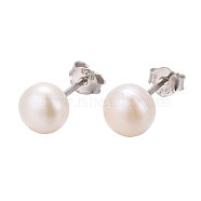 Pearl Ball Stud Earrings, with Rhodium Plated Sterling Silver Pin, with 925 Stamp, Platinum, Creamy White, 6mm(X-EJEW-Q701-01A)