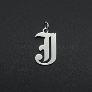 304 Stainless Steel Pendants, with Jump Ring, Old English, Letter, Laser Cut, Stainless Steel Color, Letter.J, 16.5x9.5x1mm, Hole: 3mm(STAS-R111-JA565-J)