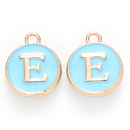Golden Plated Alloy Enamel Charms, Cadmium Free & Lead Free, Enamelled Sequins, Flat Round, Sky Blue, Letter.E, 14x12x2mm, Hole: 1.5mm(ENAM-S118-04E)