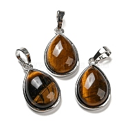 Natural Tiger Eye Pendants, Teardrop Charms with Platinum Plated Brass Snap on Bails, 24x15x7.5mm, Hole: 4x8mm(G-I358-B24)