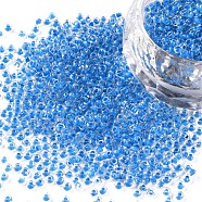 11/0 Grade A Round Glass Seed Beads, Transparent Inside Colours, Dodger Blue, 2.3x1.5mm, Hole: 1mm, about 48500pcs/pound(SEED-N001-D-216)