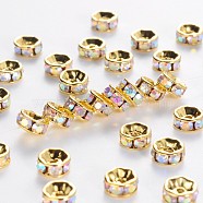 Brass Grade A Rhinestone Spacer Beads, Golden Plated, Rondelle, Nickel Free, Crystal AB, 10x4mm, Hole: 2mm(RSB039NF-02G)