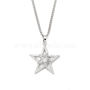 Brass Micro Pave Clear Cubic Zirconia Pendant Necklaces, 201 Stainless Steel Chains Necklaces, Star, 23.62 inch(60cm), Star: 25x23.8mm(NJEW-M211-02A-P)