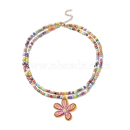 Transparent Printed Acrylic Flower Pendant Necklaces, Glass Beaded Double Strand Choker Necklace with 304 Stainless Steel Lobster Claw Clasps & Extender Chain, for Women, Mixed Color, 14-3/8 inch(36.6cm)(NJEW-JN04152)