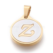 304 Stainless Steel Pendants, with Shell, Flat Round with Alphabet, Golden, Letter.Z, 20.5x18x2.5mm, Hole: 7x4mm(STAS-O138-21p-Z)