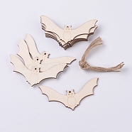 Wooden Ornaments, with Jute Twine, Halloween Hanging Decorations, for Party Gift Home Decoration, Bat, BurlyWood, 57x112x2.5mm, Hole: 2.5mm(WOOD-WH0101-24)