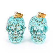 Electroplate K9 Glass Pendants, with Golden Plated Brass Bails, Drawbench, Skull, Halloween, Pale Turquoise, 25x26~27x19mm, Hole: 5x3mm(EGLA-N009-001-G03)