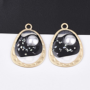 Epoxy Resin Pendants, with ABS Plastic Imitation Pearl and Shell, Alloy Findings and Enamel, teardrop, Matte Gold Color, Black, 39.5x28.5x5.5mm, Hole: 3mm(RESI-S365-60D)