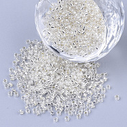 Glass Cylinder Beads, Seed Beads, Silver Lined, Round Hole, Creamy White, 1.5~2x1~2mm, Hole: 0.8mm, about 8000pcs/bag, about 85~95g/bag(SEED-Q036-01A-A10)