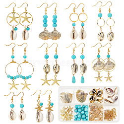 DIY Ocean Gemstone Earring Making Kit, Including Natural Shell & Alloy & 304 Stainless Steel Pendants, Brass Links Rings & Earring Hooks, Synthetic Turquoise Beads, Golden, 160Pcs/box(DIY-SC0020-31)