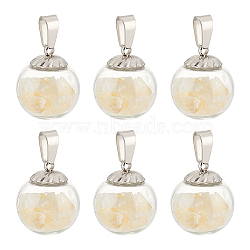 6Pcs Transparent Globe Glass Bubble Cover Pendants, with Dyed Natural Citrine Inside and Stainless Steel Color 304 Stainless Steel Bails, Round Charms, 19.5x16mm, Hole: 2.5x5mm(G-FG0001-06)