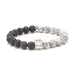 Synthetic Howlite & Natural Lava Rock Round Beaded Stretch Bracelet with Alloy Paw Print, Gemstone Jewelry for Women, Antique Silver, Inner Diameter: 2 inch(5.1cm)(BJEW-JB07843)