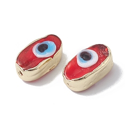 Brass Beads, with Enamel, Real 18K Gold Plated, Oval with Evil Eye, FireBrick, 14x8x6mm, Hole: 1.4mm(KK-A176-08G-04)