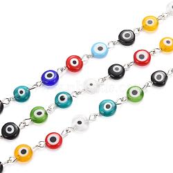 Handmade Lampwork Flat Round Evil Eye Beads Chains for Necklaces Bracelets Making, with Iron Eye Pin, Unwelded, Mixed Color, 39.3 inch(AJEW-JB00110-01)