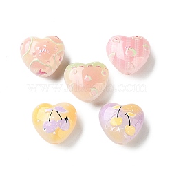 Printed Acrylic Beads, Heart with Bowknot & Cherry & Guava Pattern, Mixed Color, 18.5x20x11.5mm, Hole: 3mm(AC-CBA6251-06)