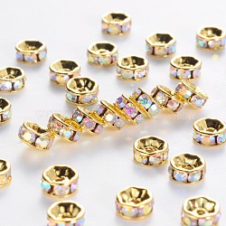 Brass Grade A Rhinestone Spacer Beads, Golden Plated, Rondelle, Nickel Free, Crystal AB, 10x4mm, Hole: 2mm(RSB039NF-02G)