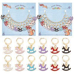Alloy Enamel Pendant Locking Stitch Markers, 304 Stainless Steel Leverback Earring & Steel Wine Glass Charm Rings Stitch Marker, Rocking Horse, Mixed Color, 2.8cm, 6 colors, 2pcs/color, 12pcs/set(HJEW-AB00169)