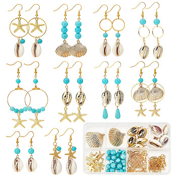 DIY Ocean Gemstone Earring Making Kit, Including Natural Shell & Alloy & 304 Stainless Steel Pendants, Brass Links Rings & Earring Hooks, Synthetic Turquoise Beads, Golden, 160Pcs/box