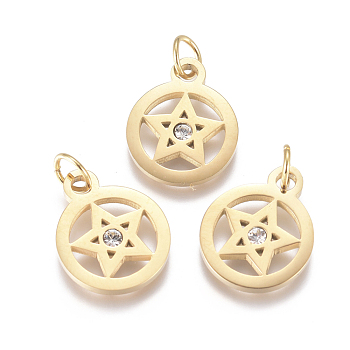 316 Surgical Stainless Steel Charms, with Micro Pave Cubic Zirconia and Jump Ring, Long-Lasting Plated, Pentacle, Clear, Real 18K Gold Plated, 15x12x1.5mm, Hole: 3.5mm