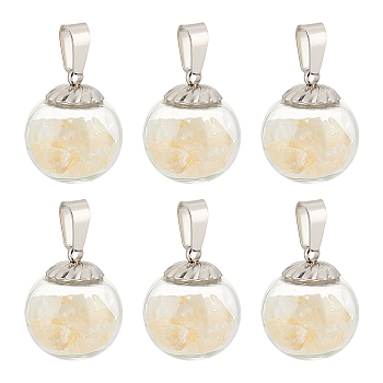 6Pcs Transparent Globe Glass Bubble Cover Pendants, with Dyed Natural Citrine Inside and Stainless Steel Color 304 Stainless Steel Bails, Round Charms, 19.5x16mm, Hole: 2.5x5mm