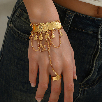 Brass Teardrop Charm Bracelet with Coin Chains, Adjustable Ring Bracelet, Real 18K Gold Plated, 7-1/8 inch(18cm)