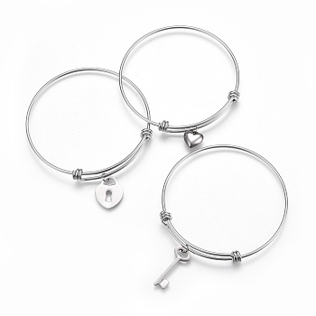 304 Stainless Steel Charm Bangles, Mixed Shapes, Stainless Steel Color, 2-1/2 inch(6.5cm)